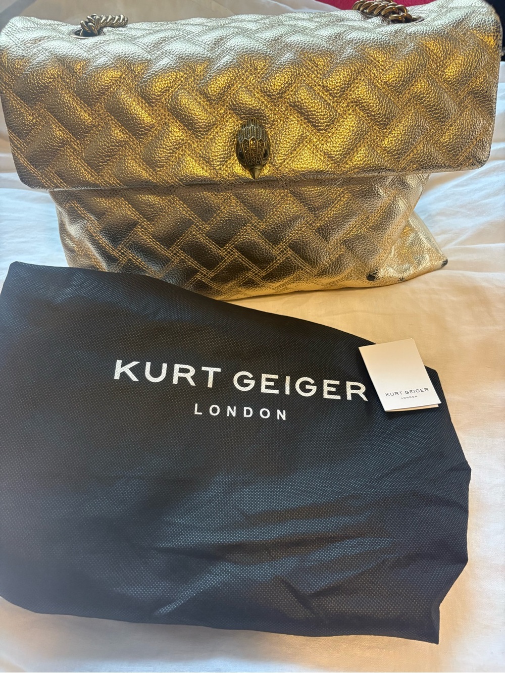 Kurt Geiger Kensington XL Metallic Gold Quilted Shoulder Bag with Chain Strap